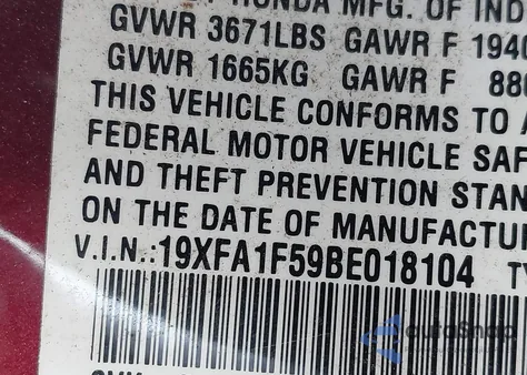 2011 Honda Civic Lx z USA, uszkodzony, nr VIN 19XFA1F59BE018104